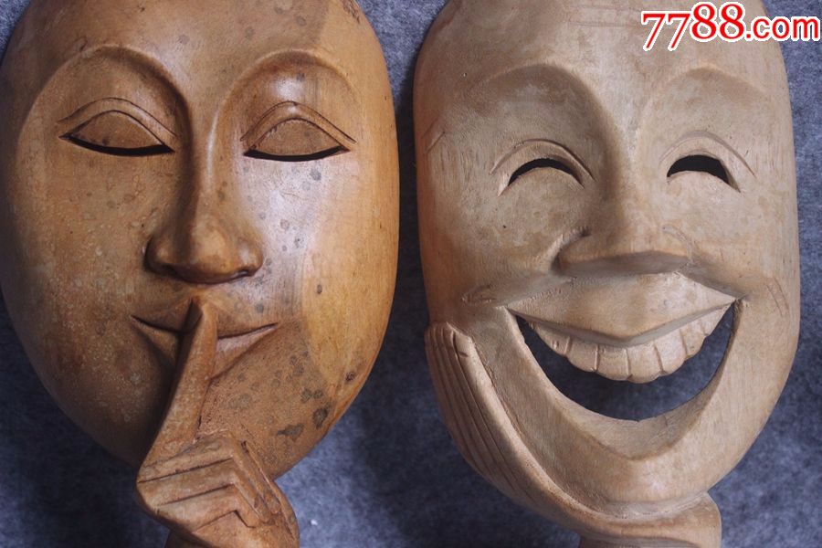 微笑安静鬼脸面具纯手工雕刻木雕辟邪可摆可挂29厘米zz.1615