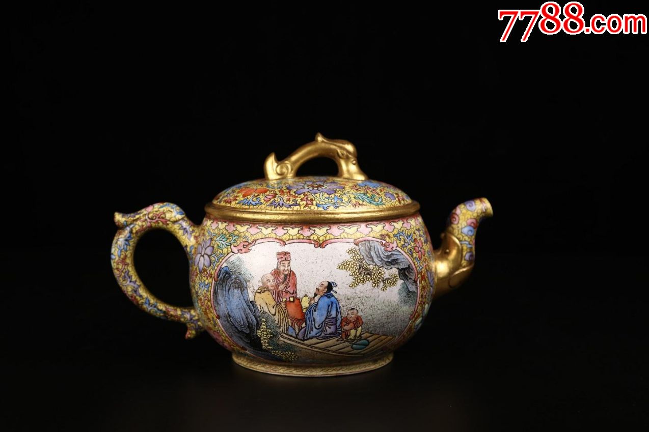清"康熙御制"珐琅彩描金文人雅聚纹紫砂壶