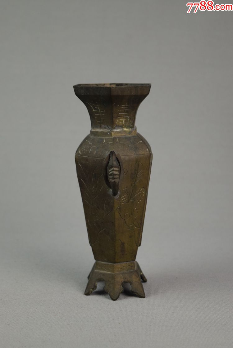 民国古董收藏品铜器手工雕刻花卉黄铜花瓶一对书房文房客厅装饰