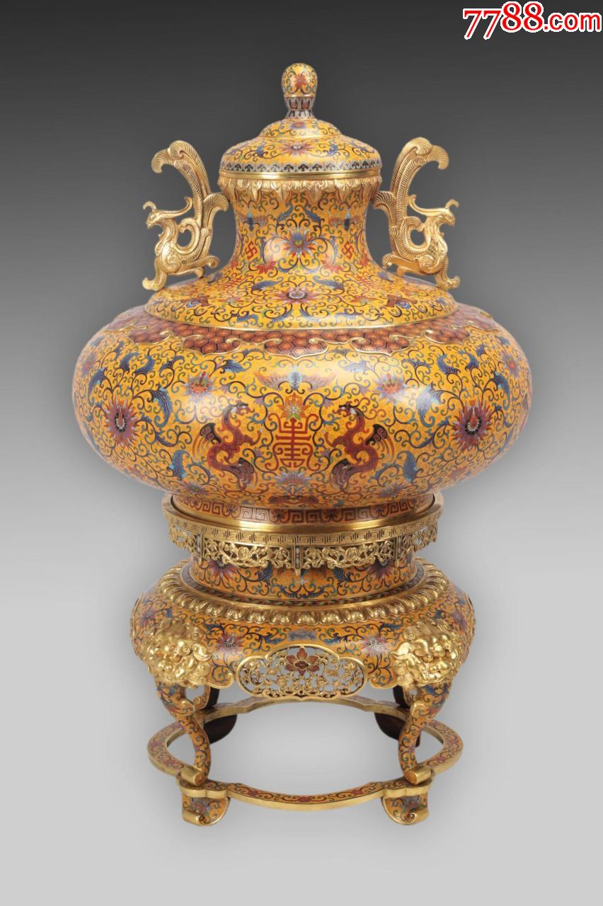 精铸铜胎景泰蓝掐丝珐琅福寿纹凤耳尊瓶一对_价格200000.