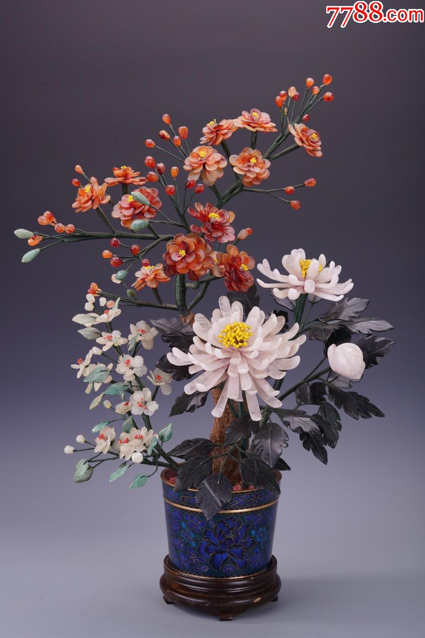 回流精品-晚清景泰蓝玛瑙花卉盆景