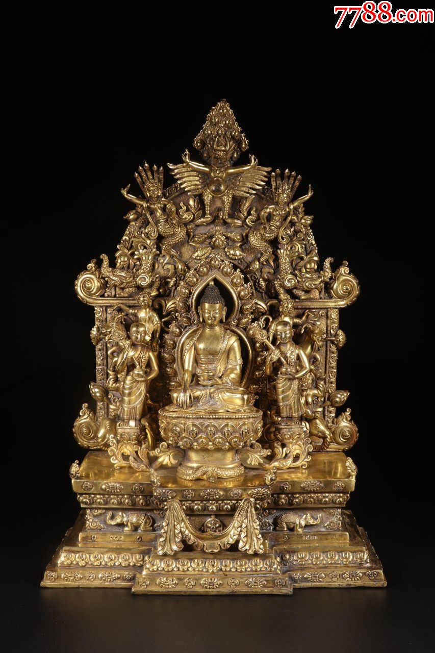 铜鎏金背光释迦牟尼三连佛坐像