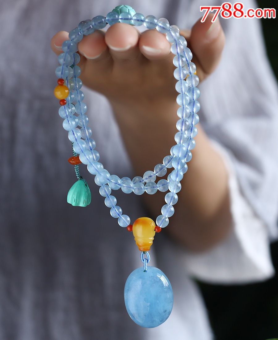 天然精品海蓝宝68mm108粒佛珠手链项链两用款