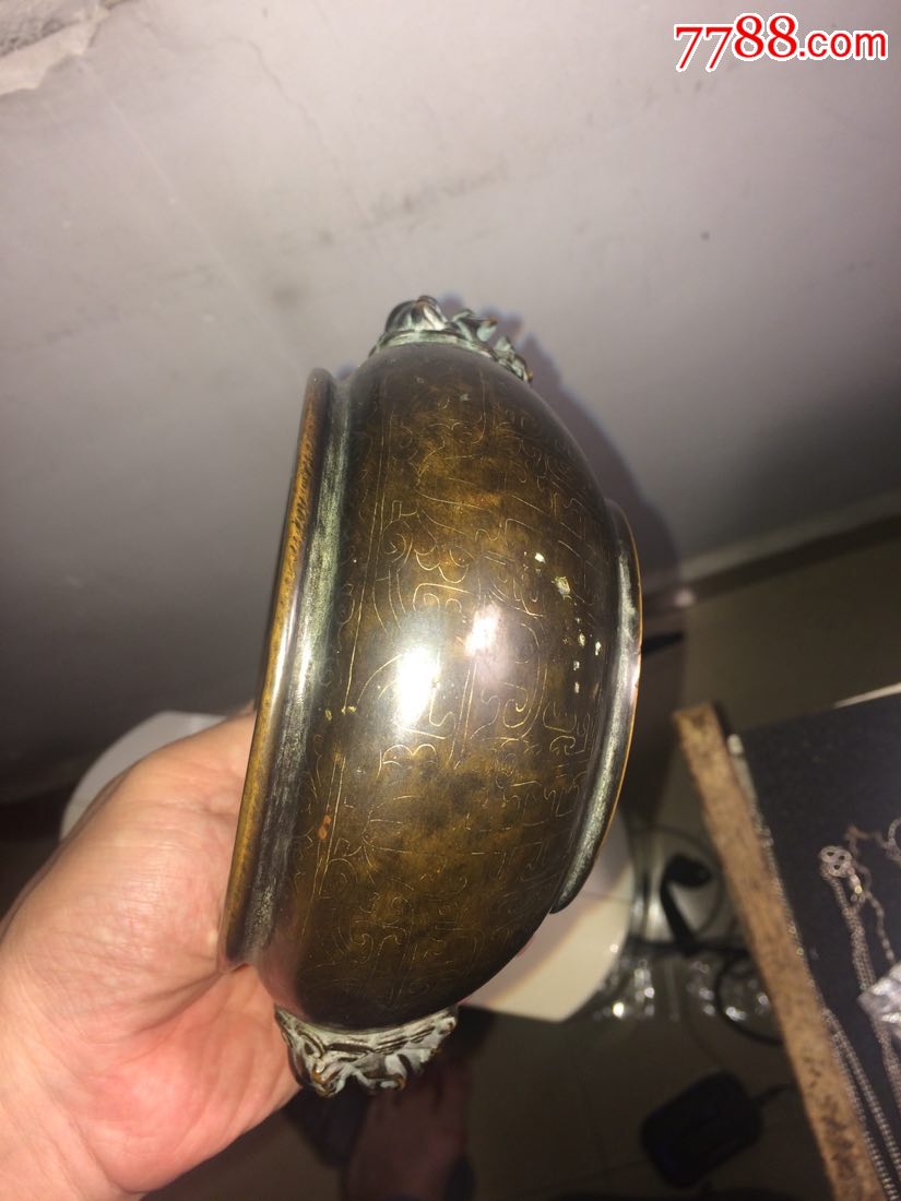 明代风磨铜双狮耳铜香炉铜炉