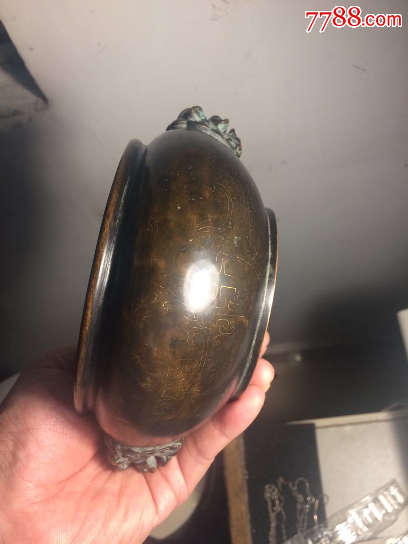 明代风磨铜双狮耳铜香炉铜炉