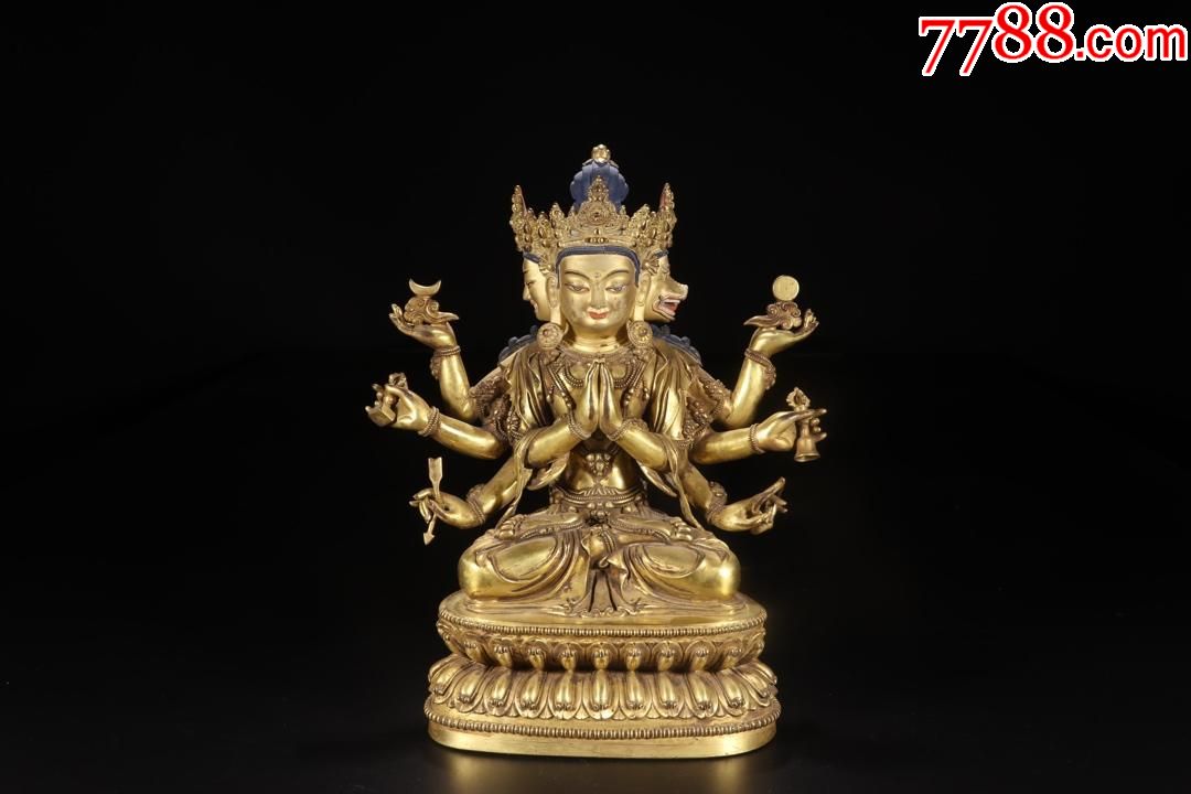 铜鎏金三面八臂菩萨坐像尺寸:高27.4cm长23cm宽11.3cm重40