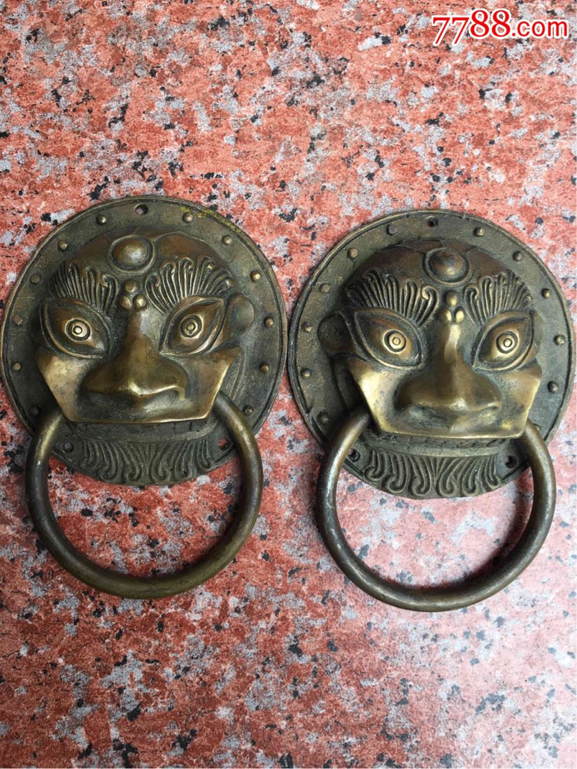 老物件黄铜狮子造型门把手一对