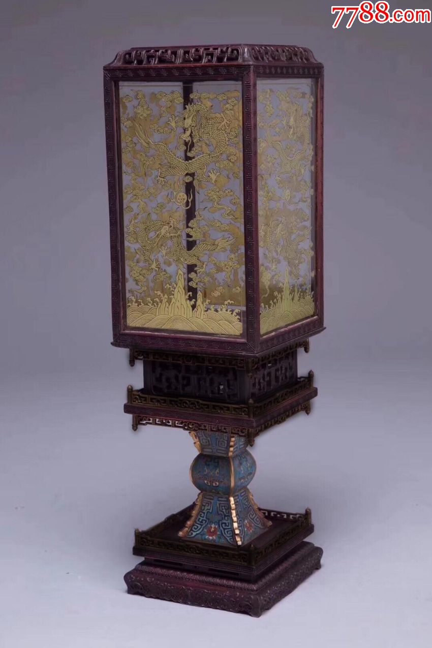 海外回流旧藏紫檀玻璃描金海水龙纹景泰蓝四方花觚宫灯一对