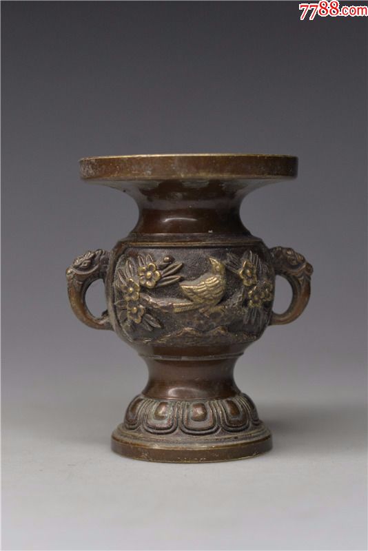 日本回流纯黄老铜花觚民俗古玩收藏杂项古董老铜器香道香筒老物件