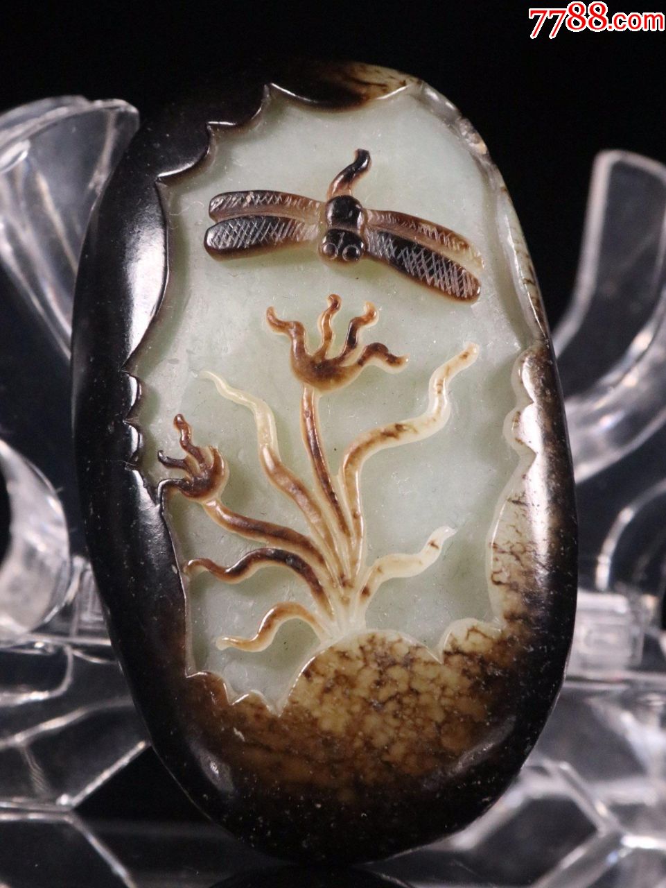 清和田玉籽料"蜻蜓"挂件,把玩件,新疆和田玉料,原石雕刻,雕刻蜻蜓环绕