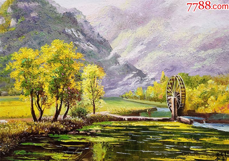 朝鲜一级画家顺姬小幅风景油画水车