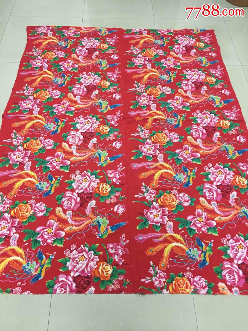 80年代老被面花布凤凰牡丹二手旧货怀旧收藏影视道具