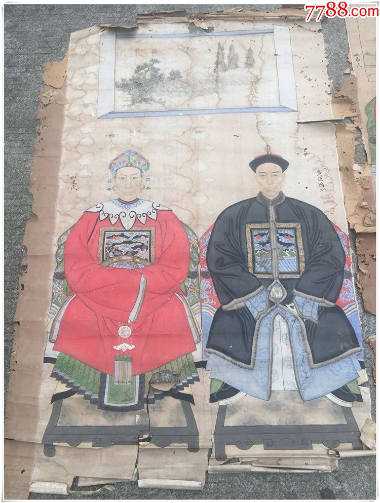 by-2041祖宗画一对清代老画古玩古董民俗收藏尺寸:165x93