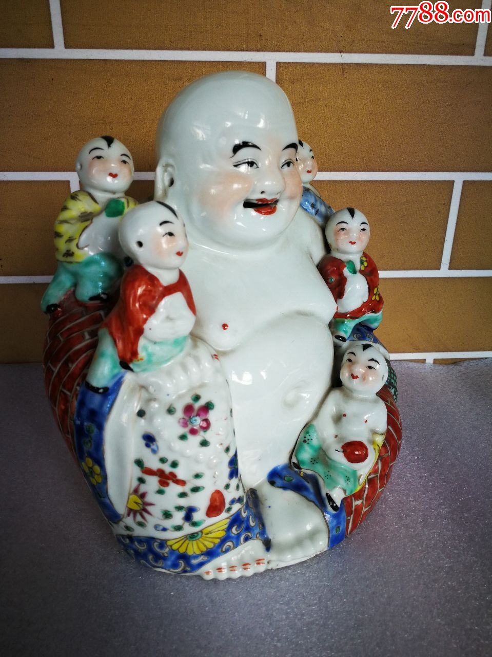 盛世收藏古玩古董瓷器民国名家朱义顺款五子登科粉彩弥勒佛瓷像