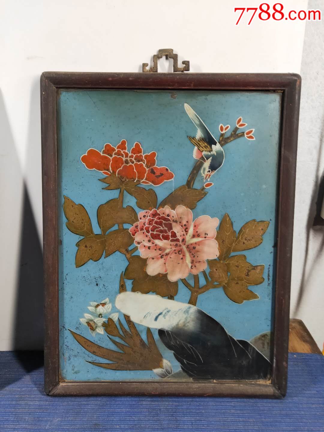 老玻璃画一对,手绘喜鹊牡丹.