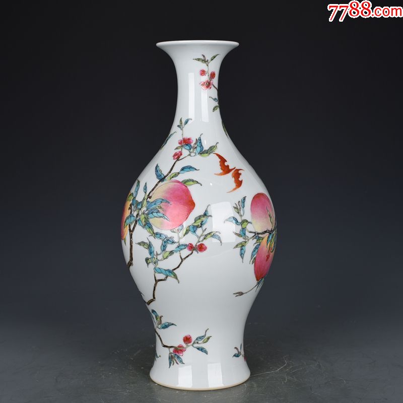 清雍正粉彩福寿八桃橄榄瓶37*15厘米古玩花瓶古董古瓷器_价格5400.
