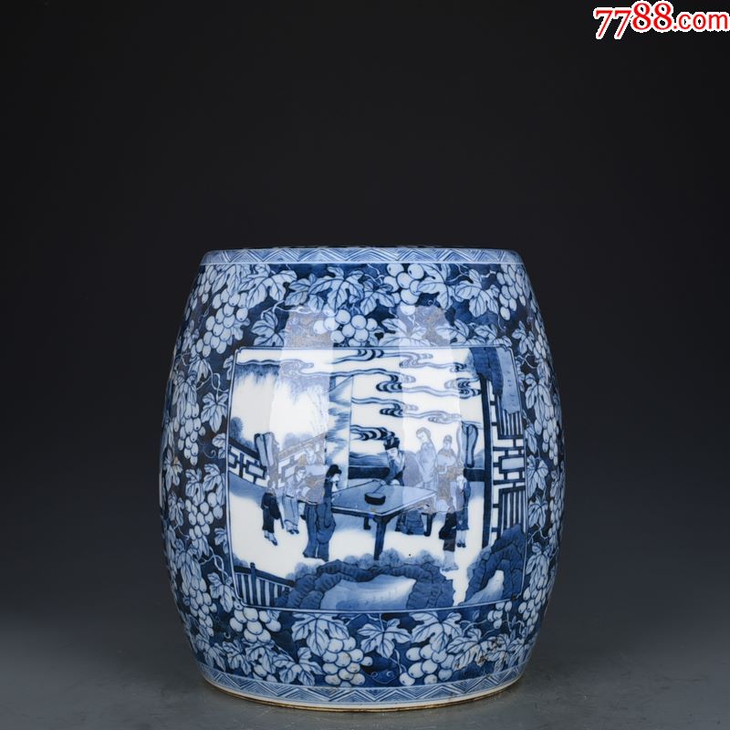 清康熙青花人物故事纹鼓凳凉凳33*30厘米古玩花瓶古董古瓷器