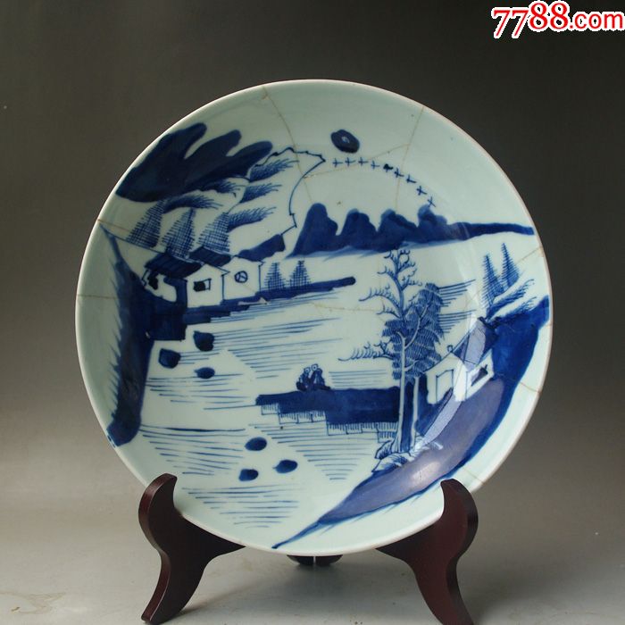 清三代中期乾隆山水人物大盘景德镇明清老青花瓷古董收藏摆件
