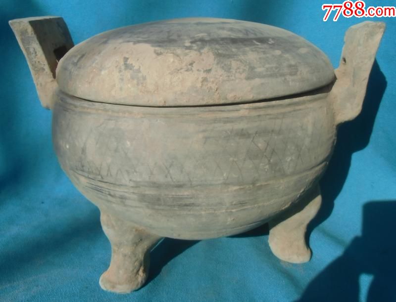 战国汉代陶鼎品相完好三足有盖画有网格纹古玩杂项收藏
