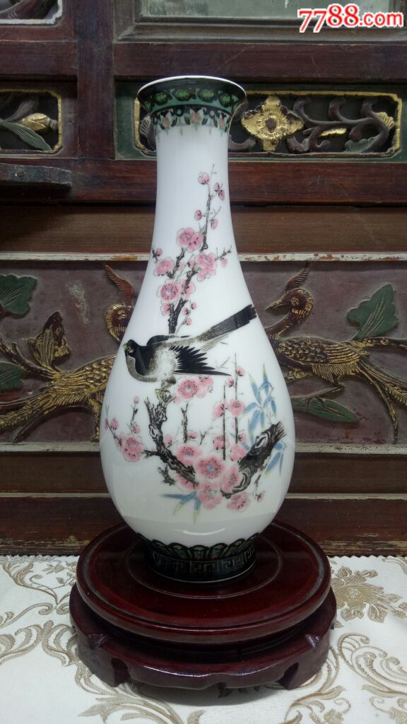 醴陵老瓷器70年代永胜瓷厂釉下贴花喜上梅梢花瓶