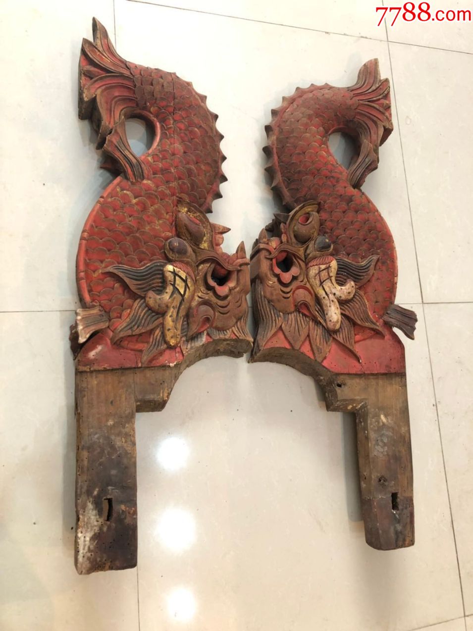 双面工鱼化龙角花一对清代老木雕老物件/木器/古玩尺寸;95/28