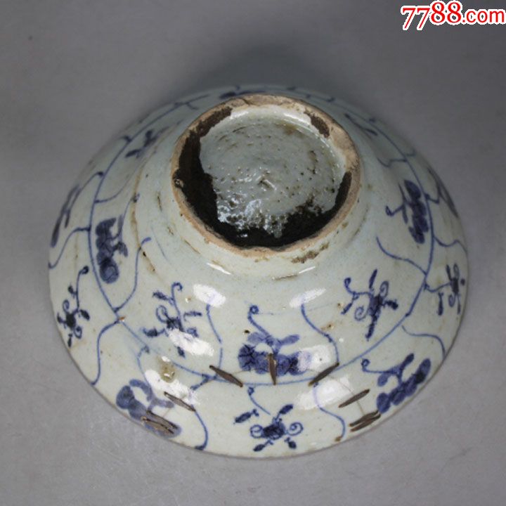 清三代雍正青花瓷灵芝纹折腰大碗斗笠碗官帽碗景德镇老瓷器锔瓷