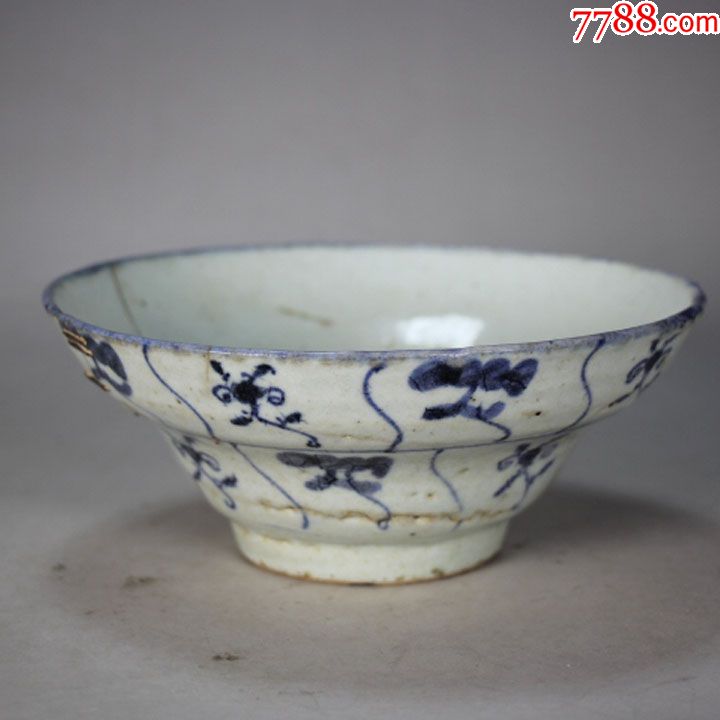 清三代雍正青花瓷灵芝纹折腰大碗斗笠碗官帽碗景德镇老瓷器锔瓷