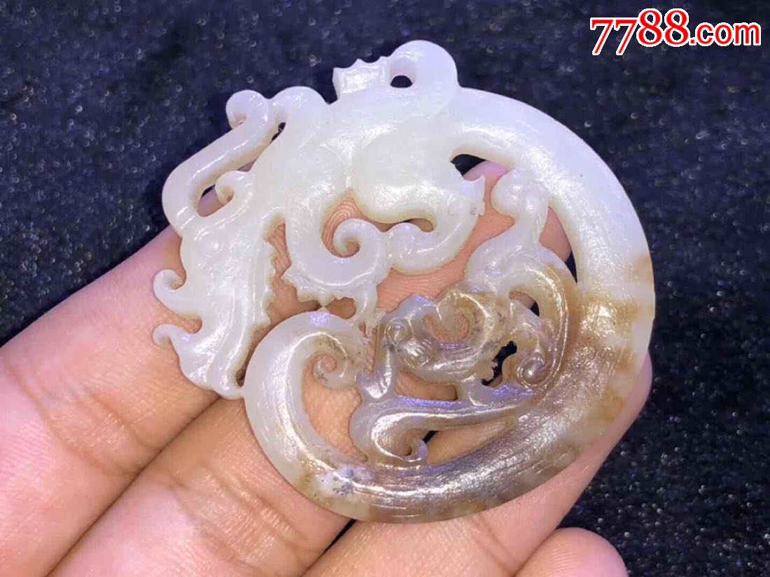 清代和田玉一级白带糖龙凤呈祥玉佩手工雕刻造型精美橘皮纹清晰手工