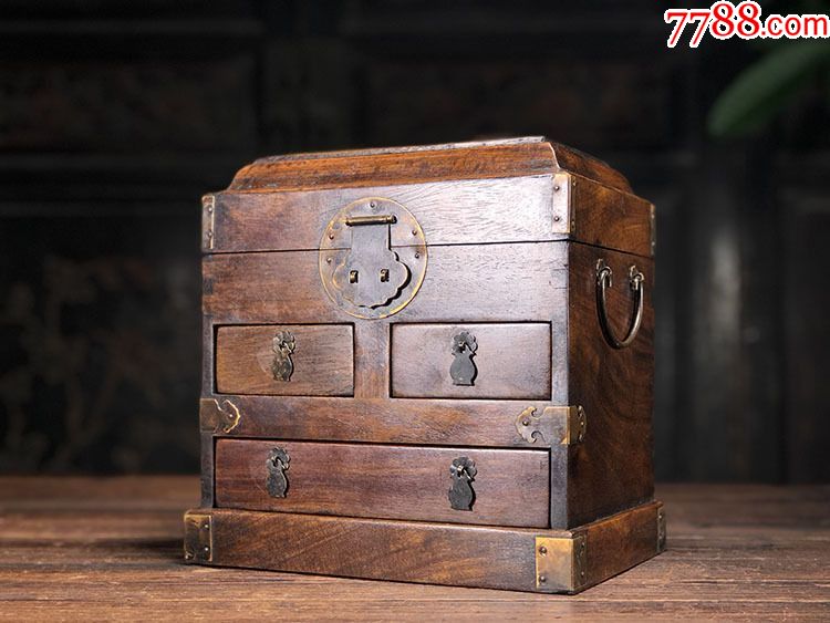 花梨木鬼脸双龙多宝盒龙官盒实木家具乡村古董复古木质工艺品摆件