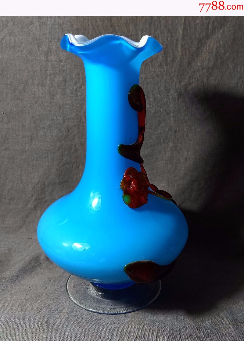 文革至八十年代孔雀蓝套色玻璃花瓶-其他玻璃工艺-7788旧货商城