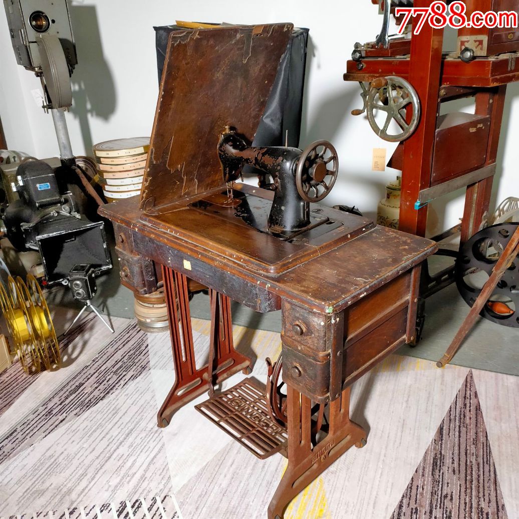1937年民国老上海进口古董胜家带架子支架脚踏缝纫机稀有收藏7品