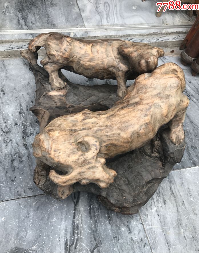 古董古玩收藏杂项近代万年根二牛树根根雕摆件雕刻木雕斗牛