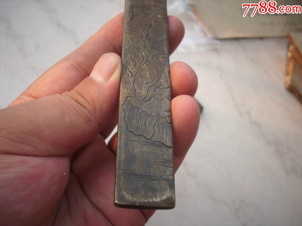 民国十年文藻自制松下老者对弈图白铜镇尺一对包老包真19322厘米