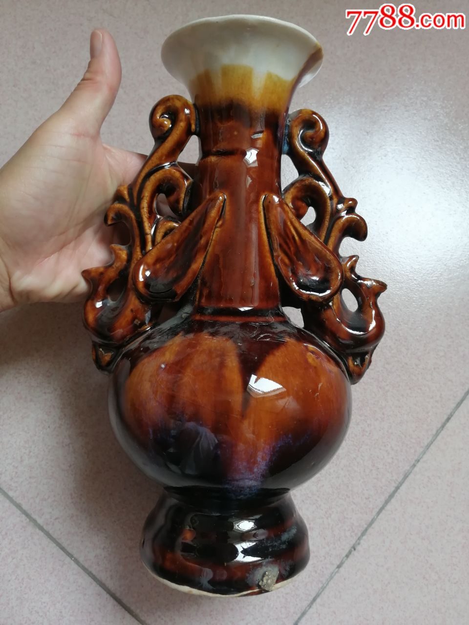 老瓷花瓶老酱釉瓶子兽耳瓶窑变釉花瓶
