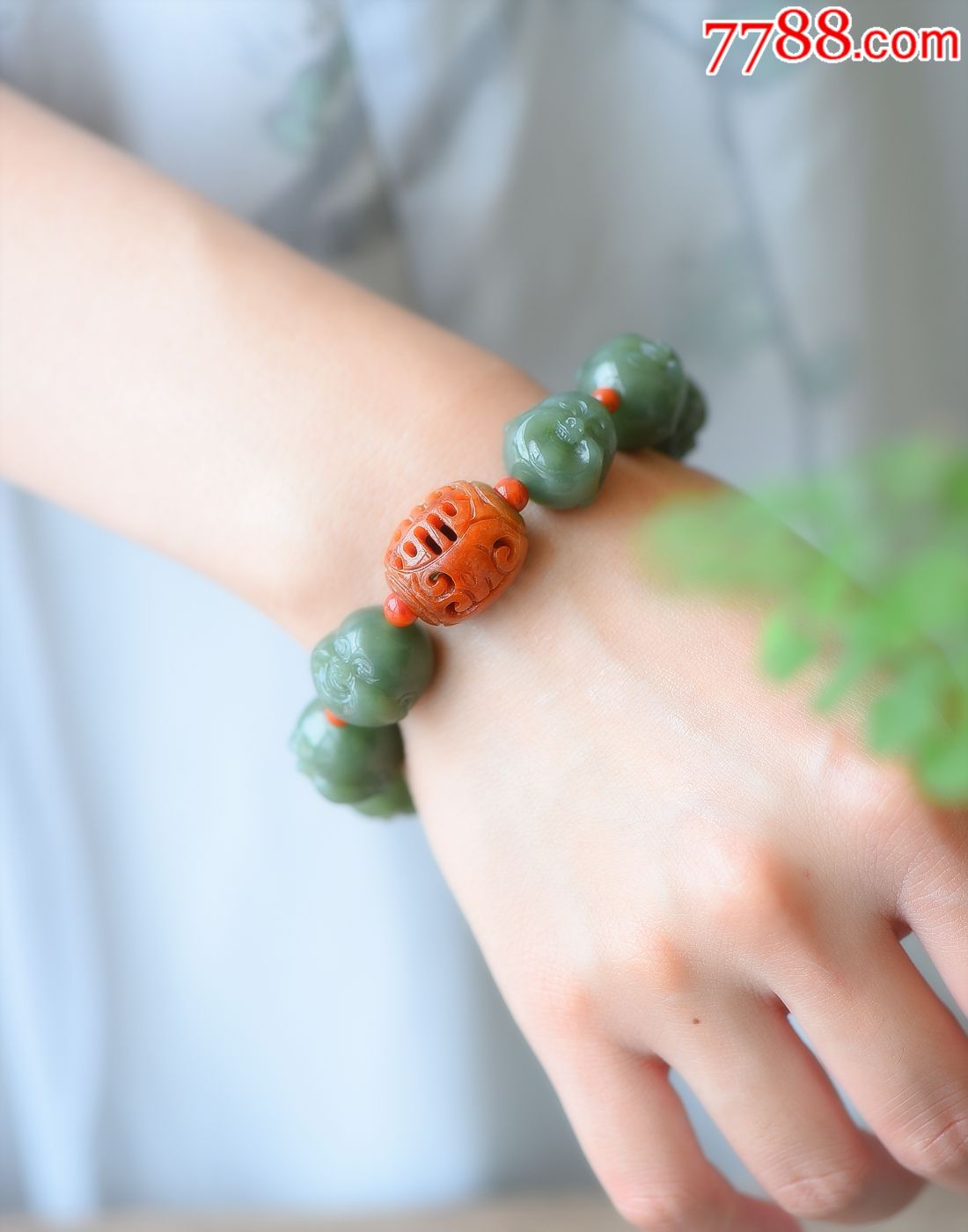 大师级开脸高端定制天然和田玉佛头手链尺寸约17mm颗颗精选