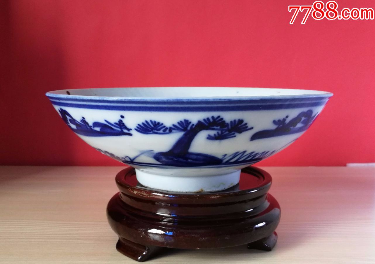 晚清民国德化青花山水纹大碗(少见修胎工艺)