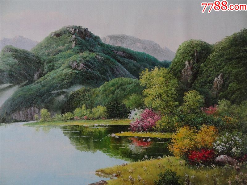 精品朝鮮風景山水老布油畫原畫作品帶名款