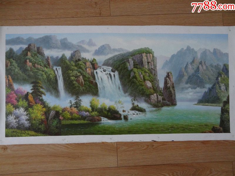 精品名家朝鮮風景山水老布油畫原畫作品帶名款