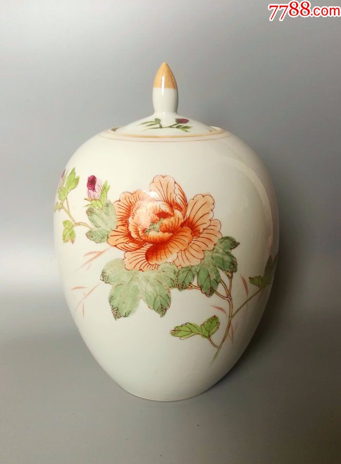 文革瓷器景德镇粉彩花开富贵手绘花卉罐