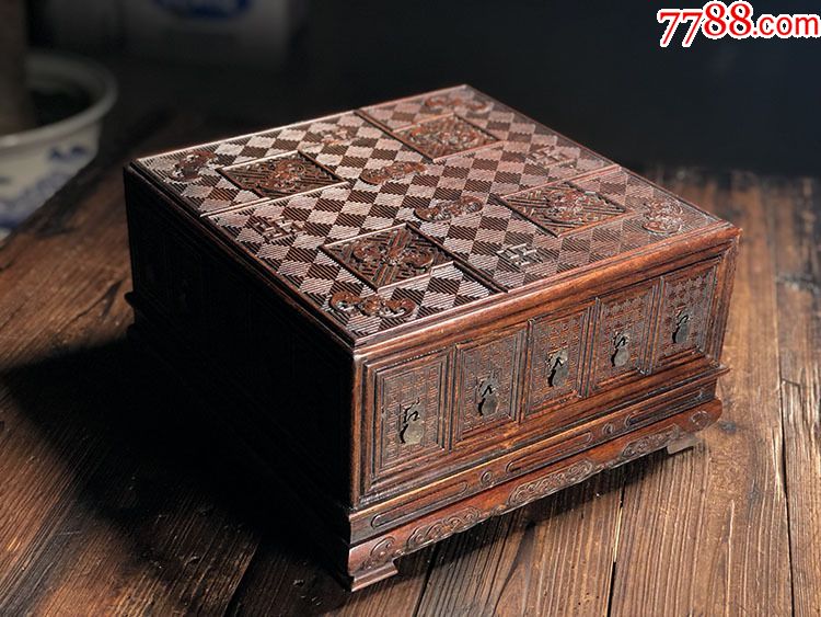 花梨木雕刻如意纹多抽屉茶台整块实木功夫茶具家用小茶桌复古摆件