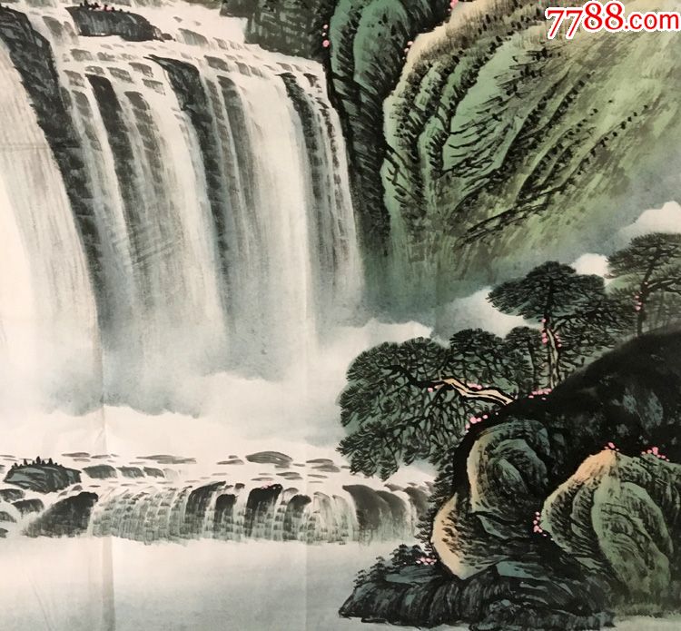 国画青绿山水瀑布聚宝盆手绘真迹小八尺源远流长