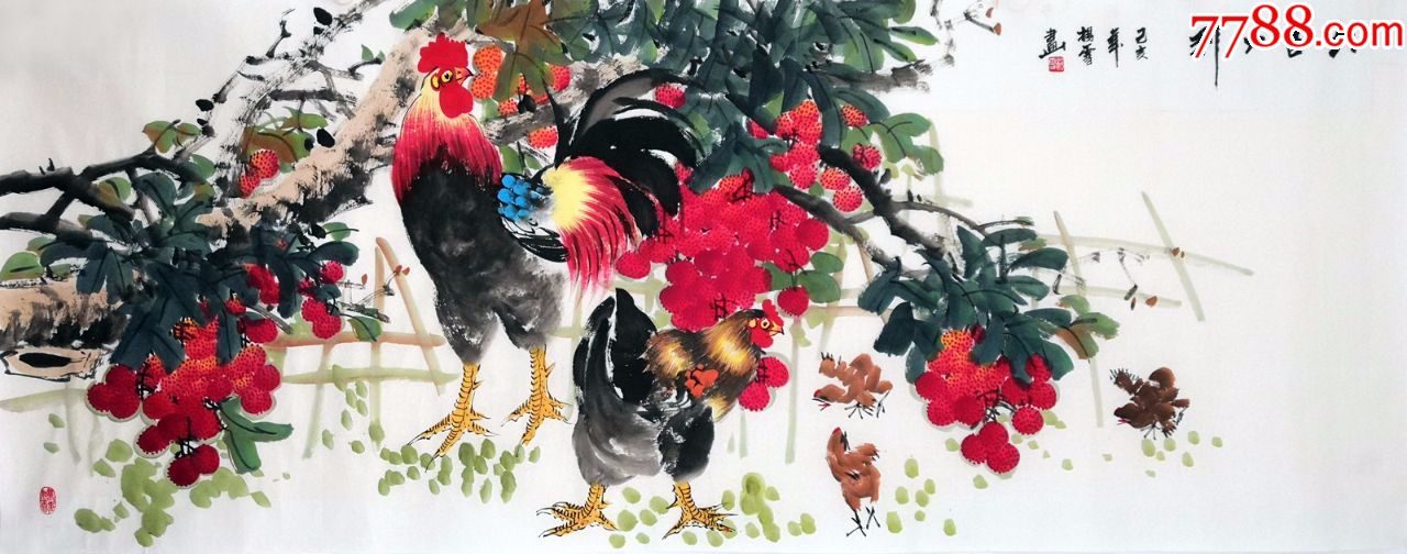 纯手绘真迹公鸡母鸡图国画雄鸡图小六尺荔枝图大吉大利