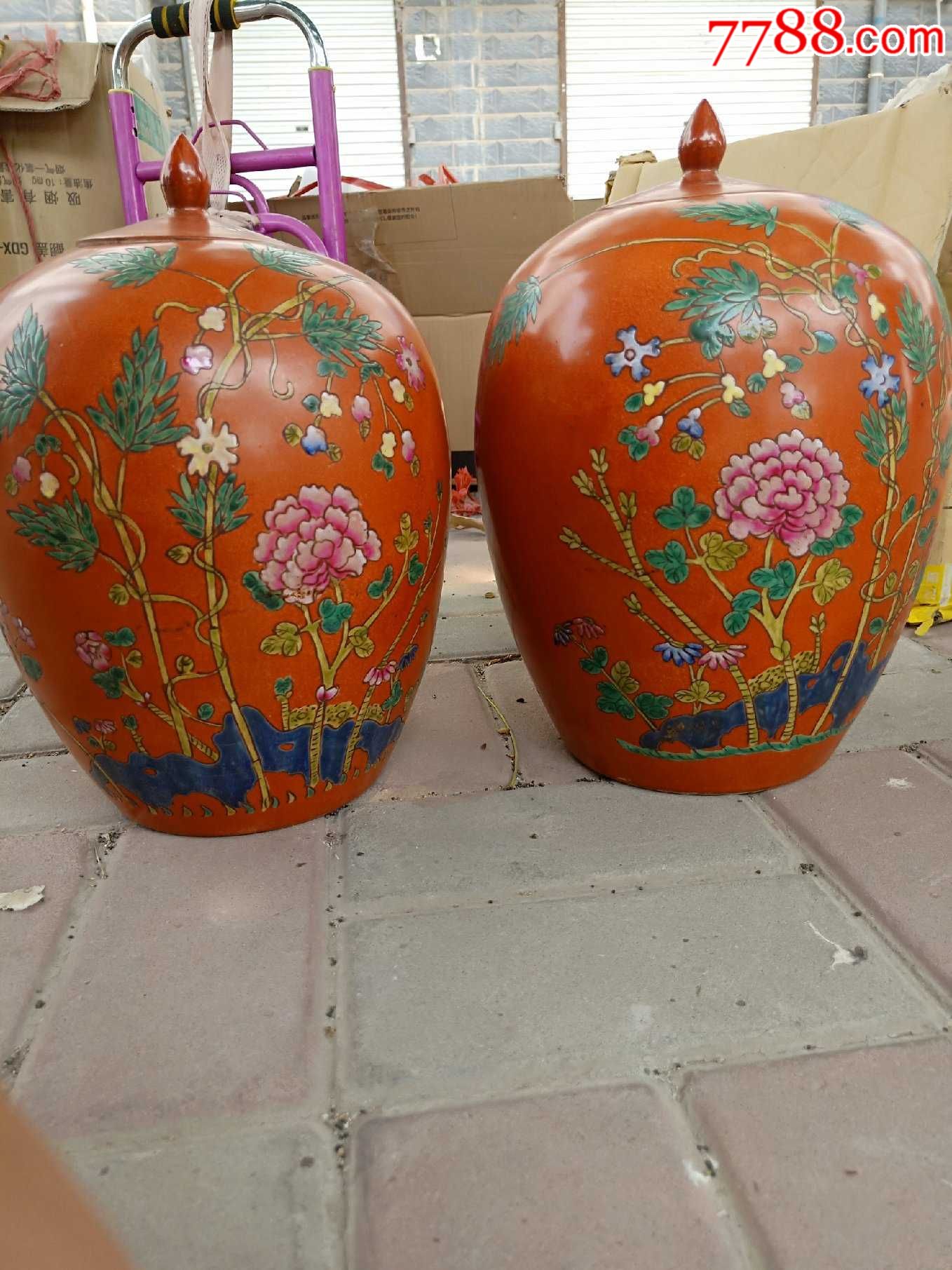 民国珊瑚红釉粉彩竹石花福冬瓜罐一对-价格:8500元-se67055560-红釉瓷