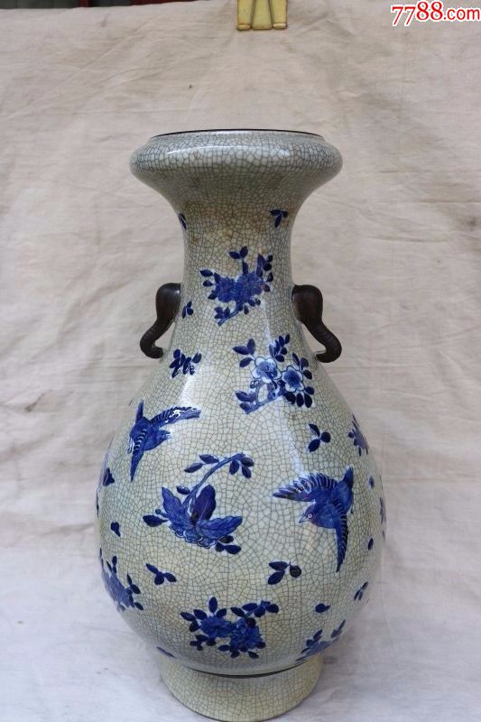 晚清哥釉青花象耳大瓶