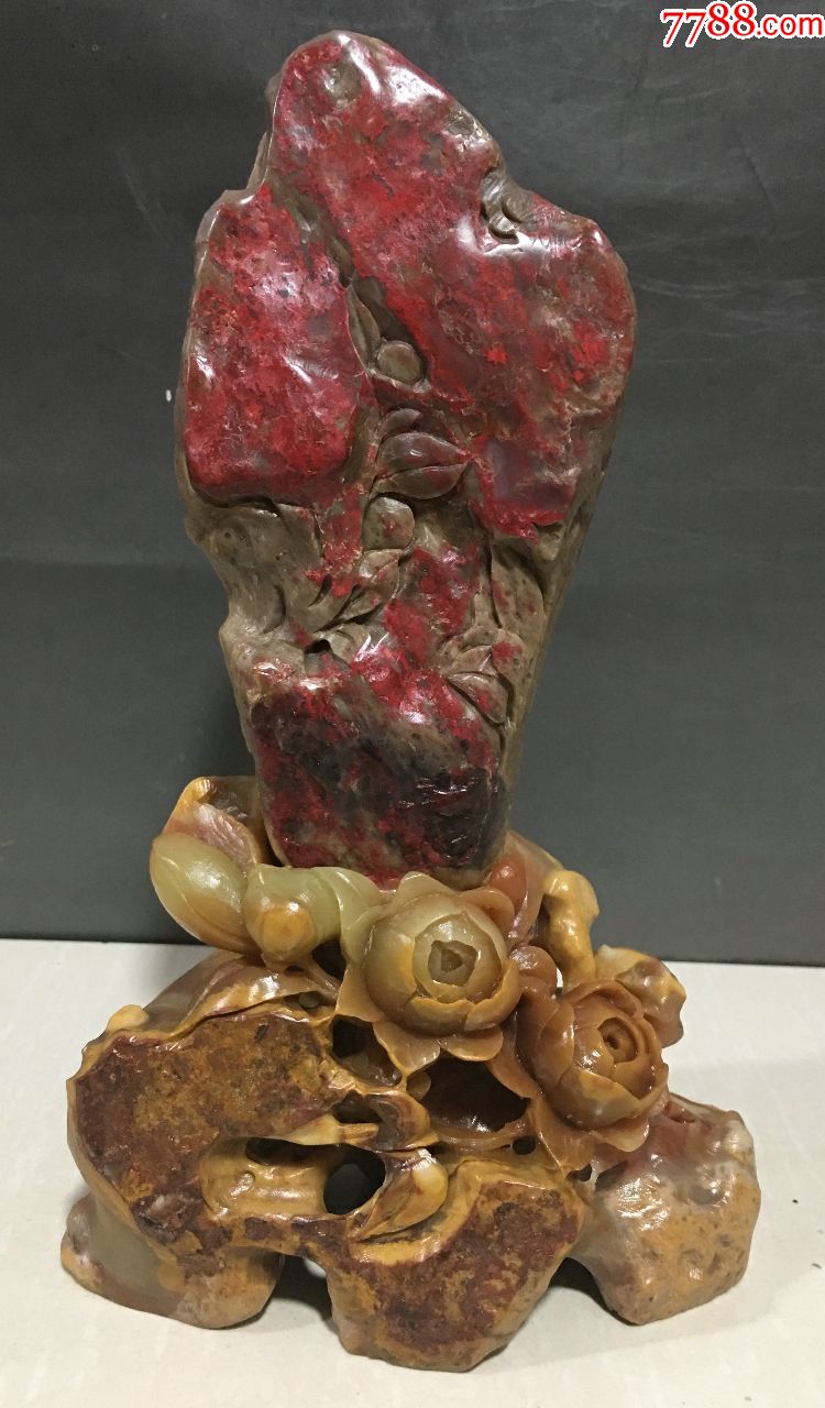 天然奇石鸡血石刻花卉纹摆件_价格5400.