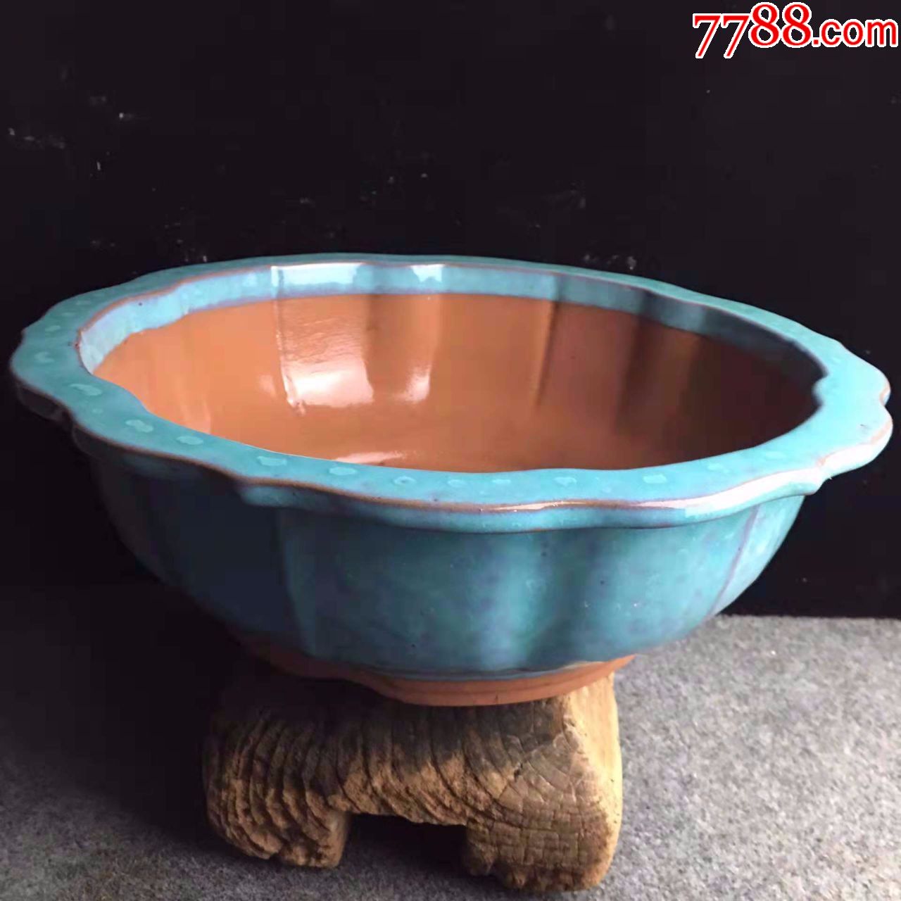 宜兴紫砂带釉菱花式大花盆精品宜钧釉陶大花盆