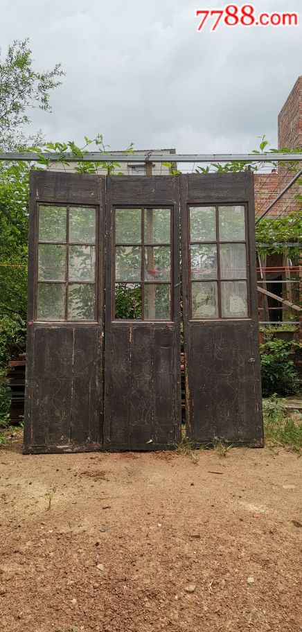 民国镶玻璃屏风门三片