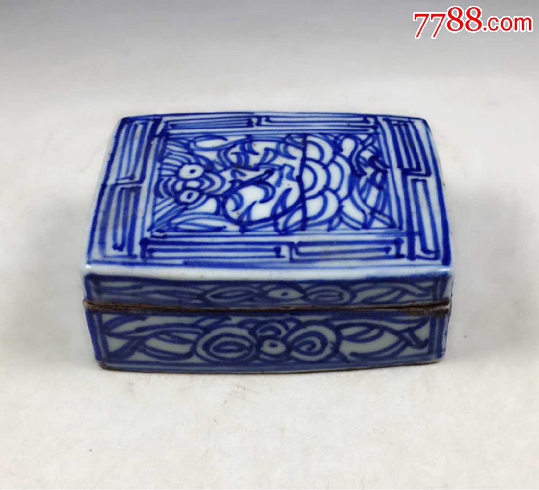 清晚期缠枝莲青花原配文房印泥盒全美品