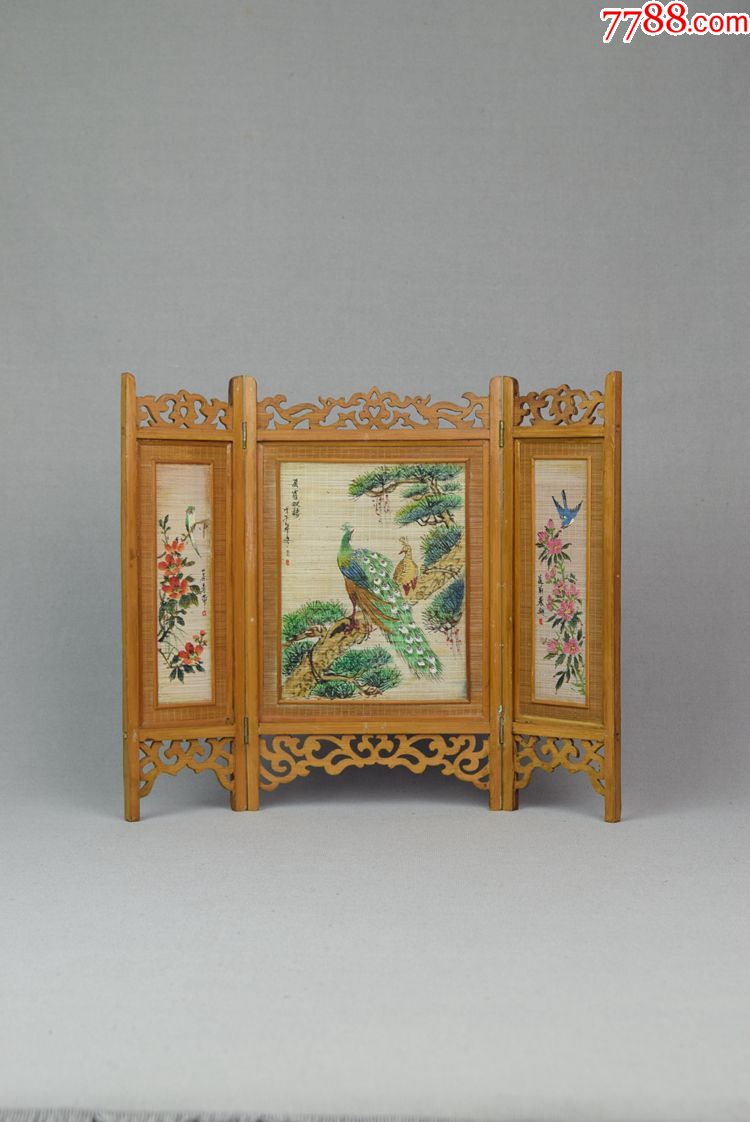 文革古董收藏品中国工艺美术手工竹丝画山水屏风摆件茶席文房用品