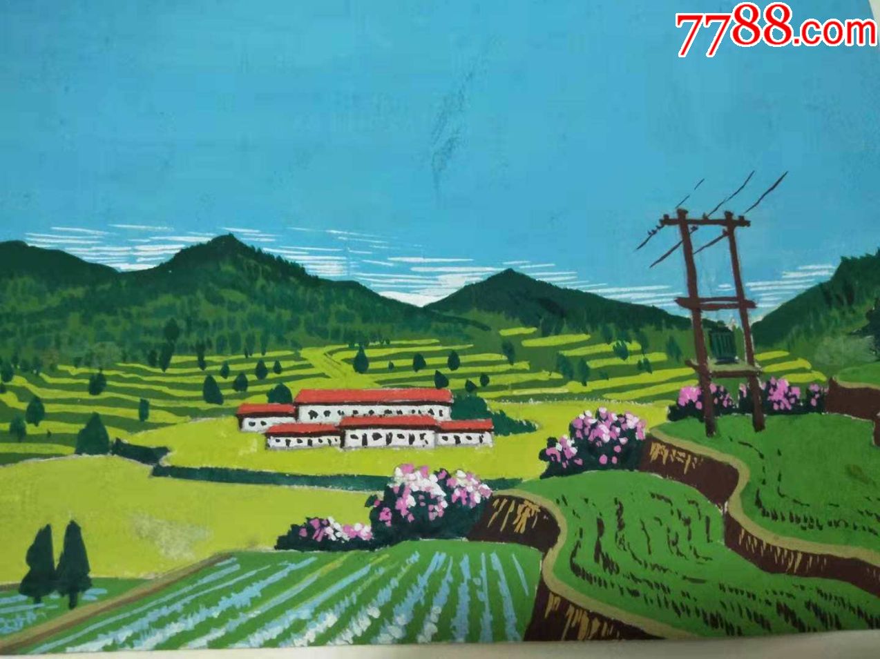 六七十年代水粉画原作:梯田,农家,电线杆(精品)_水粉/水彩原画【西画